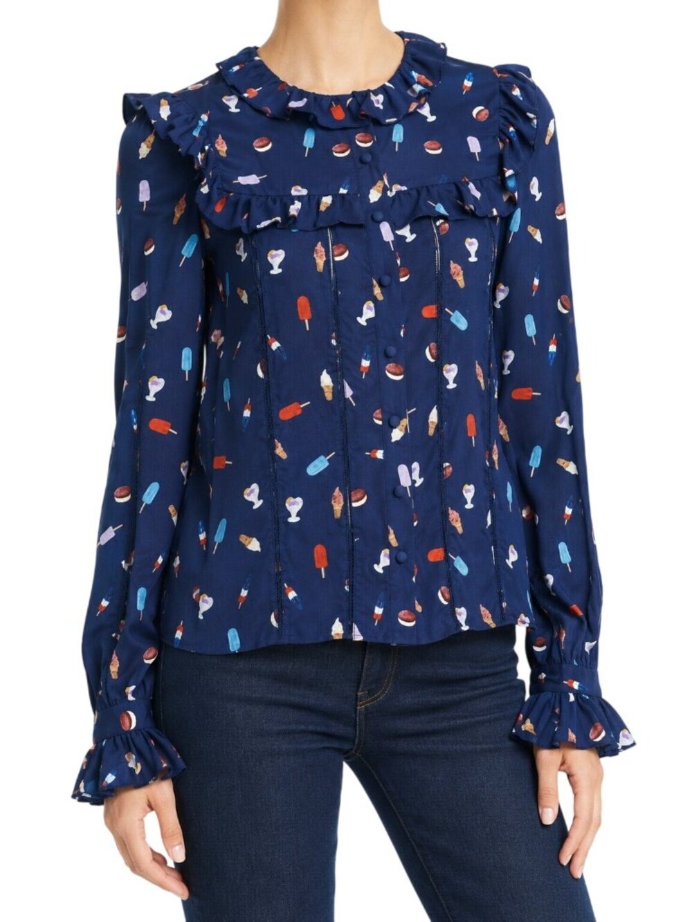Alice + Olivia Malinda Ruffle Trim Silk Blouse Ice Cream Popsicle Ruffle XS